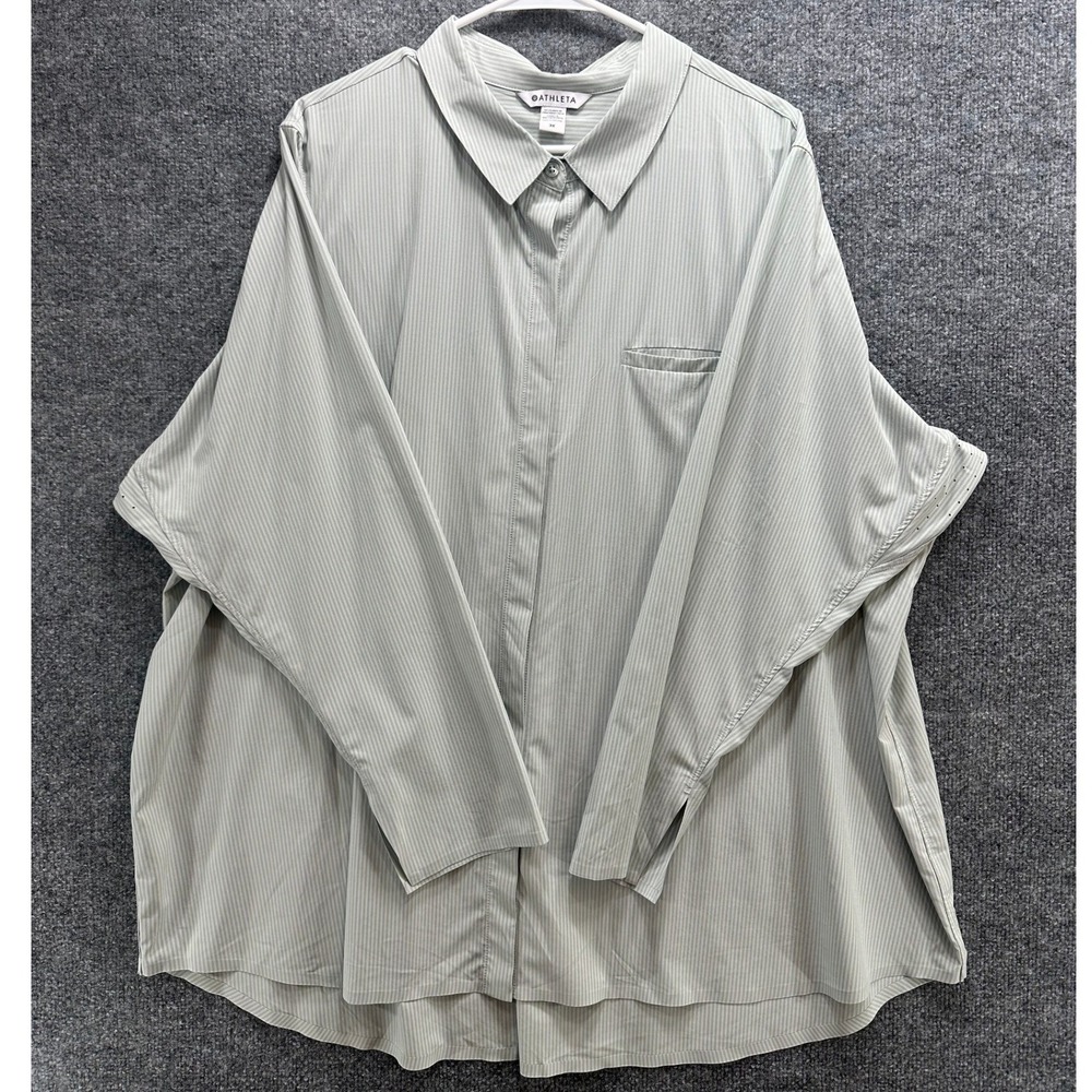 Athleta Women 3X Green Pinstripe Button Down Shirt Oversized Long Sleeve Top